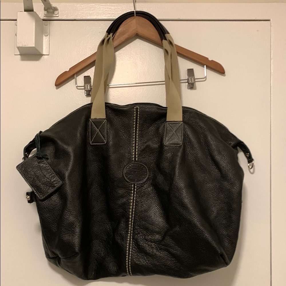 Roots large Black Leather Tote Bag with Tan Handles